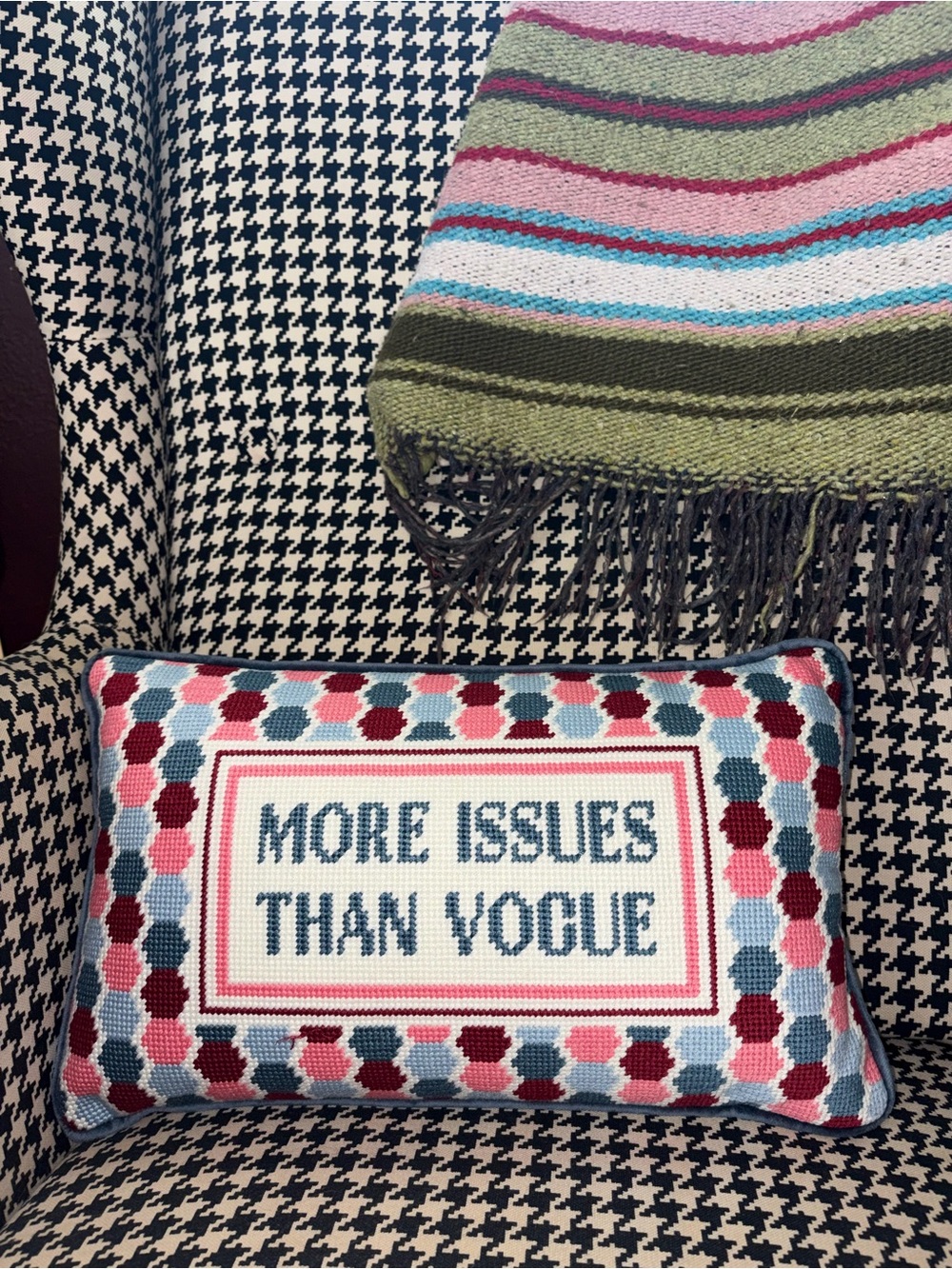 Furbish “More issues than Vogue” needlepoint multicolor polka dot pillow